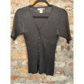 RYAN HARRIS PETITE Womens Black Silk Ribbed Knit Cardigan V Neck Short Sleeve P