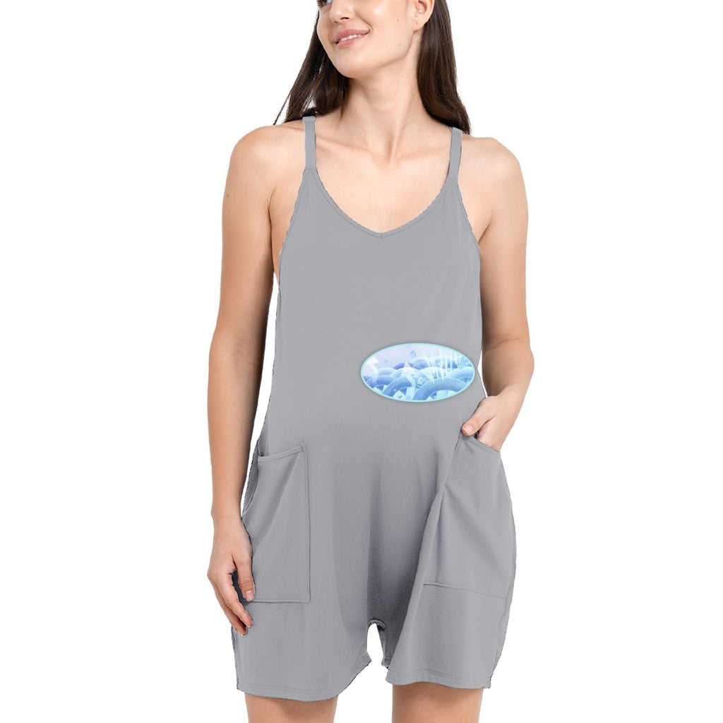 Aulai Maternity Womens L Romper Gray Maternity Casual Loose Fit V Neck Pockets