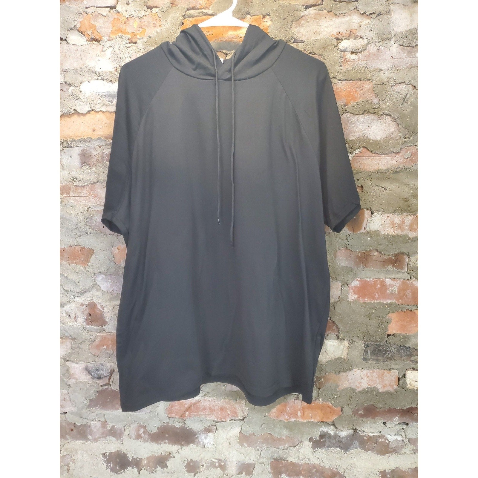 Mens Short Sleeve T Shirt Hoodie XXL Black Pullover Hooded Drawstring