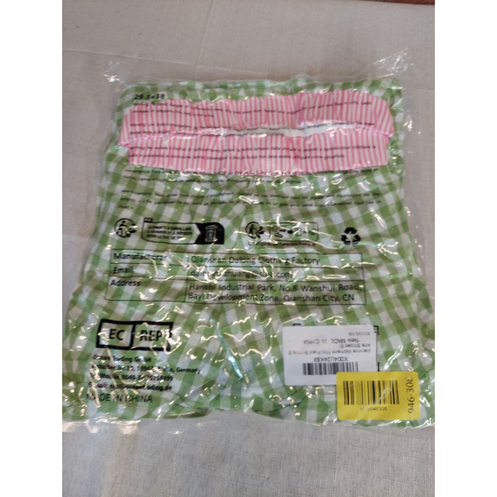 Womens Sz S Gingham Bubble Mini Skirt Green White Pink Striped Elastic Waist Y2K