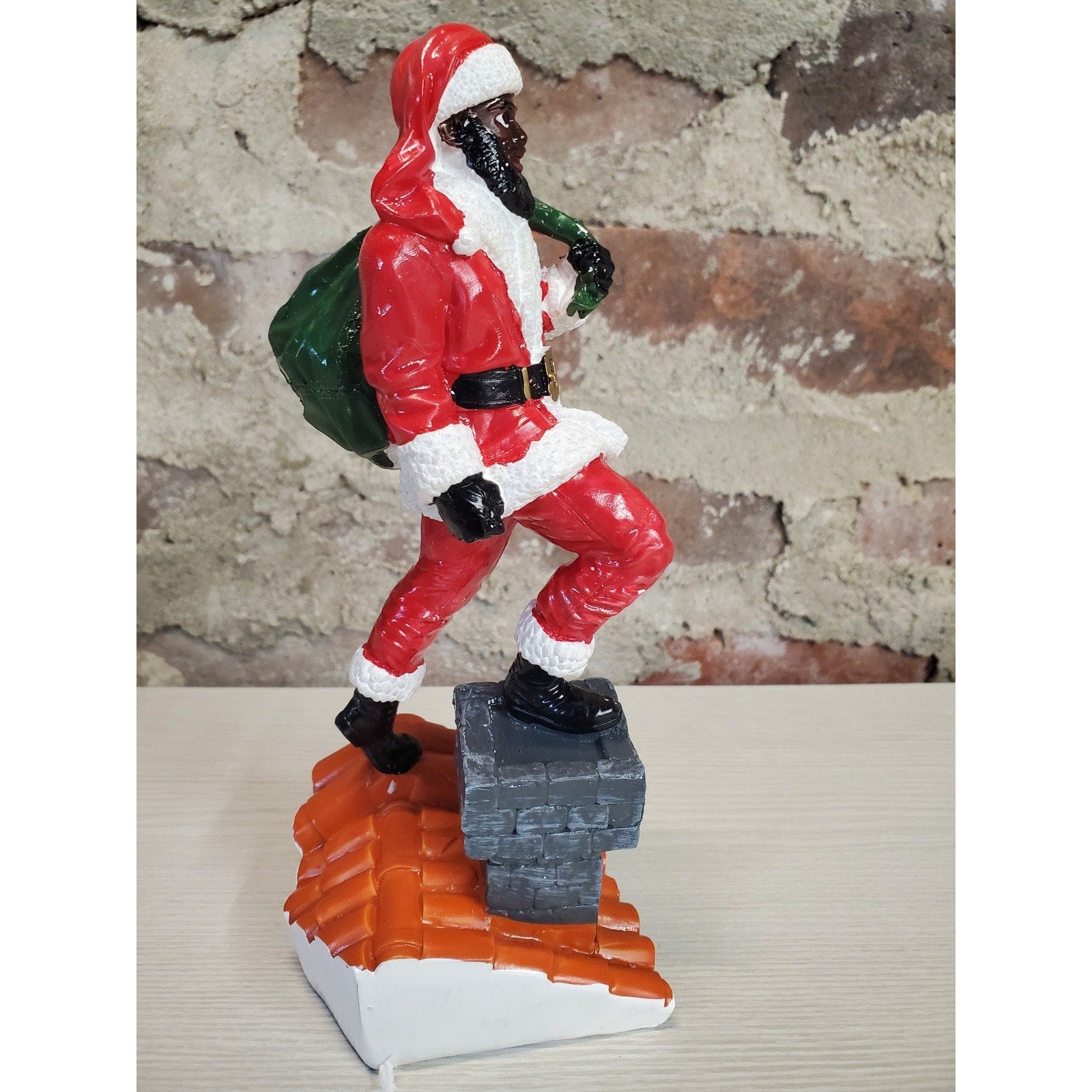 African American Black Santa Claus Figurine On Chimney Christmas Holiday Decor