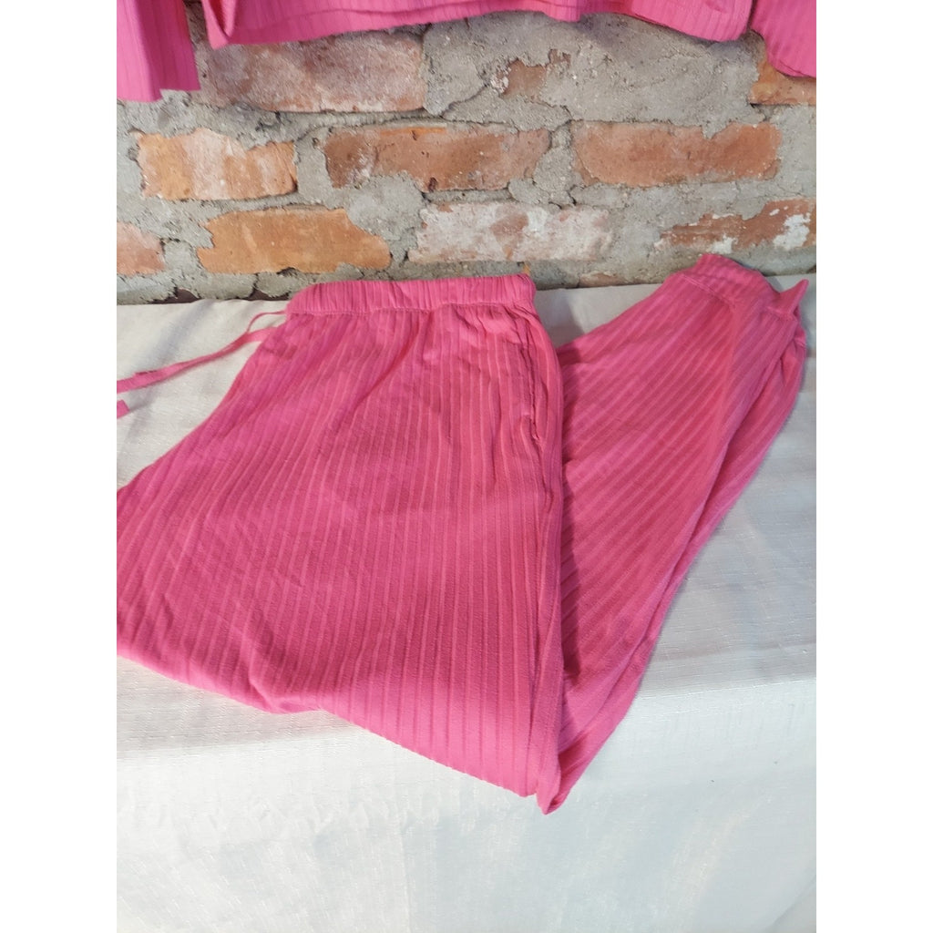 Womens Pink Ribbed Pajama Set L 12/14 Long Sleeve Sleepwear Lounge