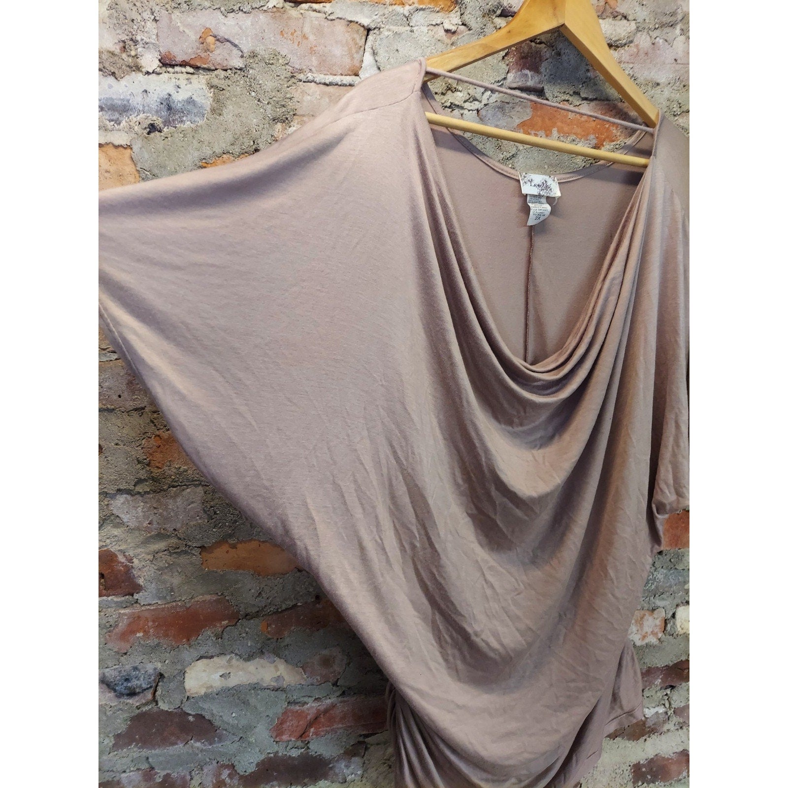 Lavish Plus Womens Taupe Cowl Neck Dolman Sleeve Tunic Top 2X Ruched Side