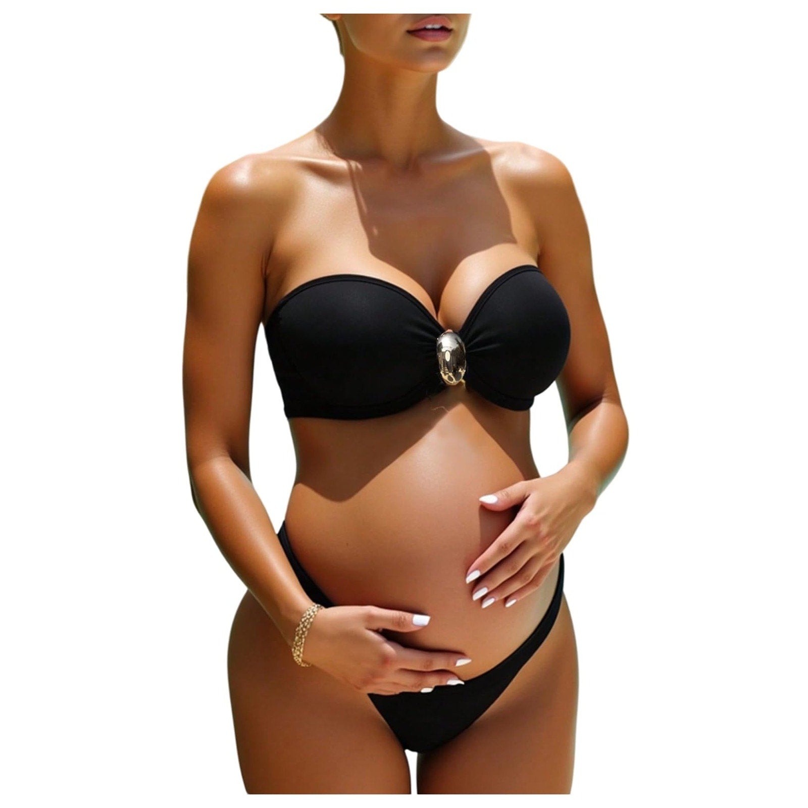 Womens L Maternity Bikini Swimsuit Two Piece Strapless Bandeau High Waist Black