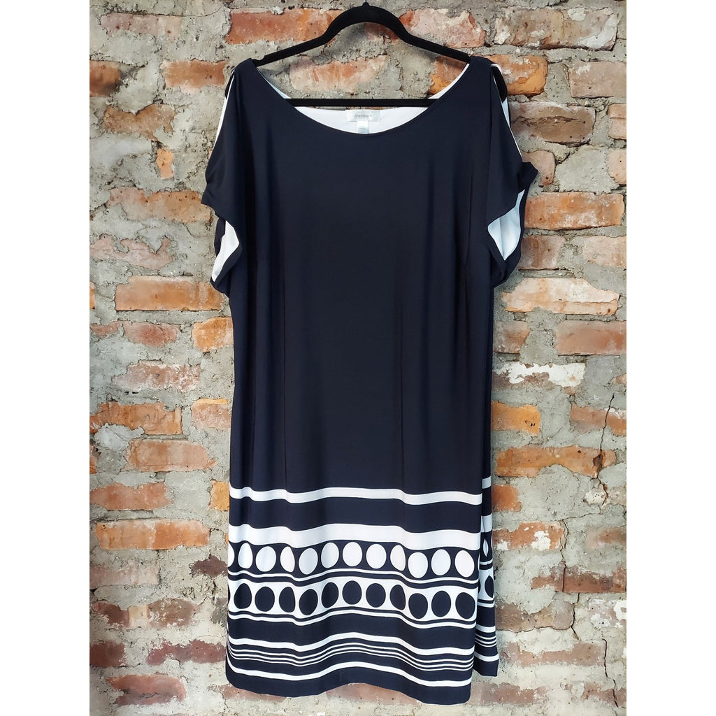 dressbarn Womens Dress Size 20 Black White Polka Dot Striped Boat Neck