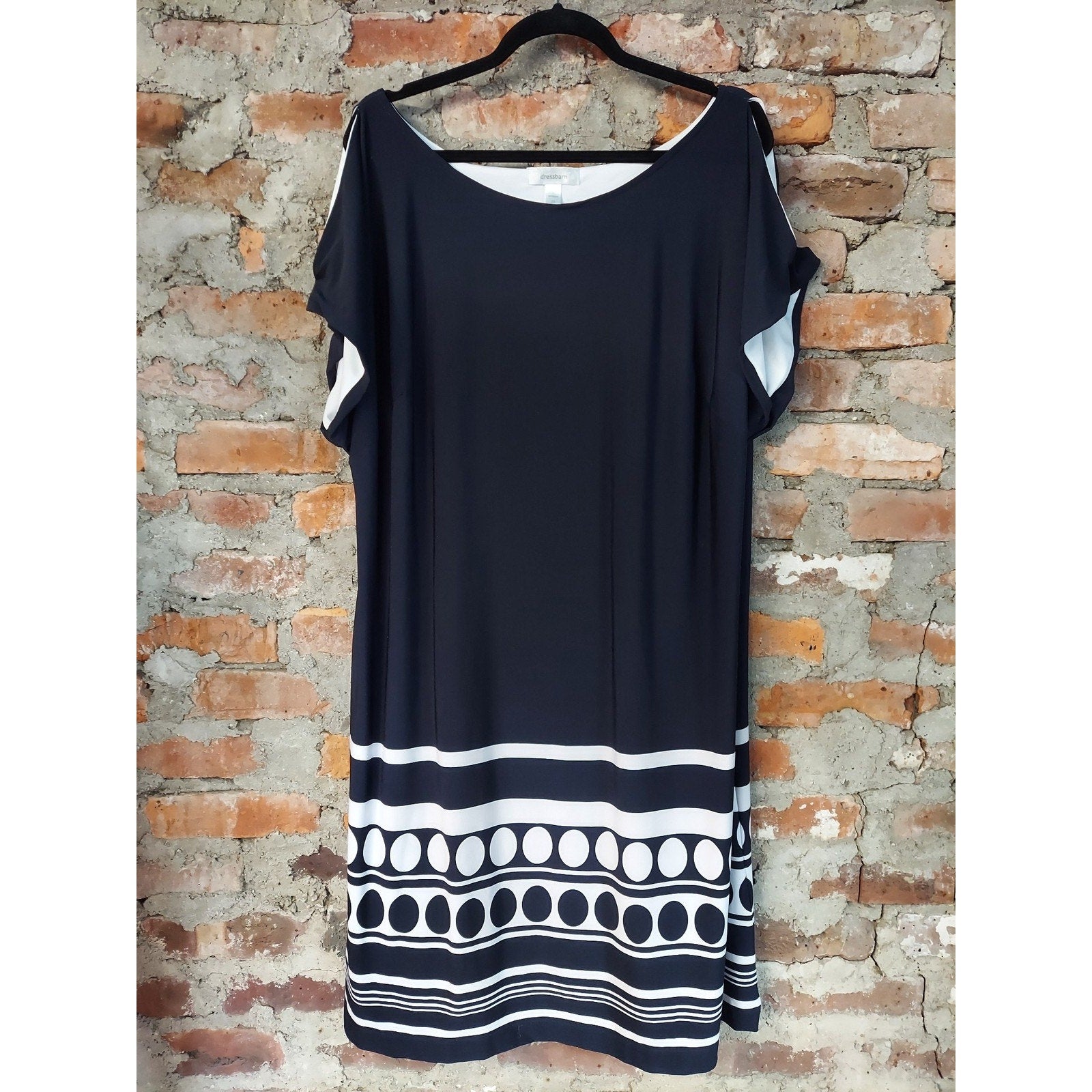 dressbarn Womens Dress Size 20 Black White Polka Dot Striped Boat Neck