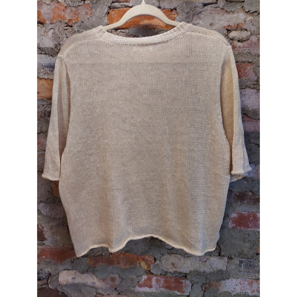 DEMYLEE Womens Cream Linen Knit Top S 3/4 Sleeve Open Weave Pullover