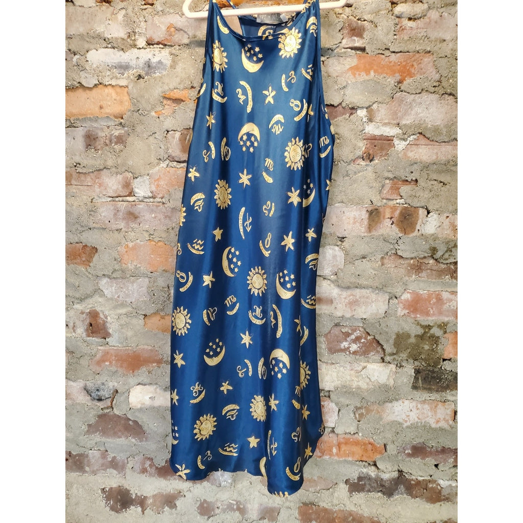 Womens Sz S Celestial Sun Moon Star Slip Dress Nightgown Navy Blue Gold Print