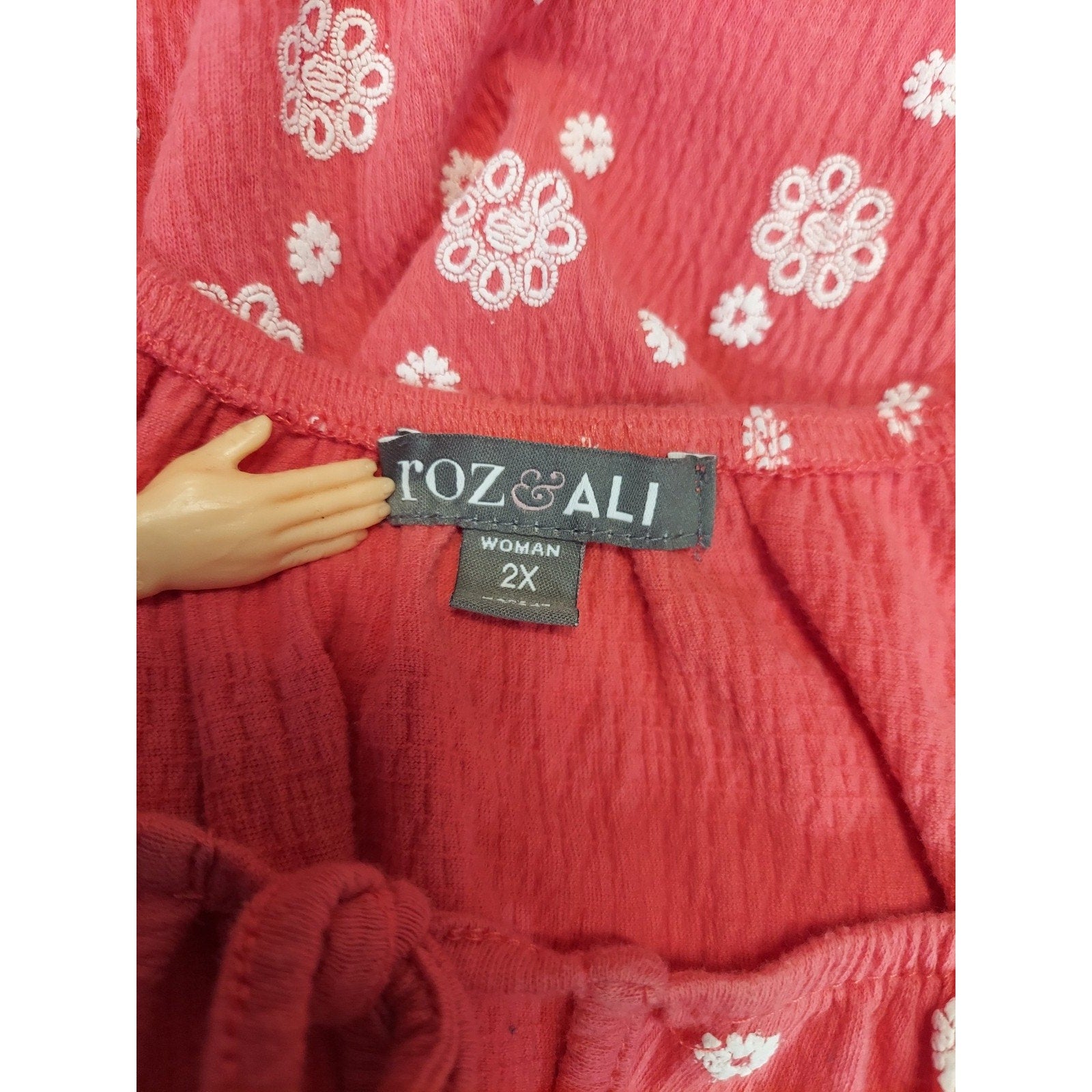 Foz Ali Womens Blouse 2X Coral White Floral Dot Peasant Short Sleeve Top