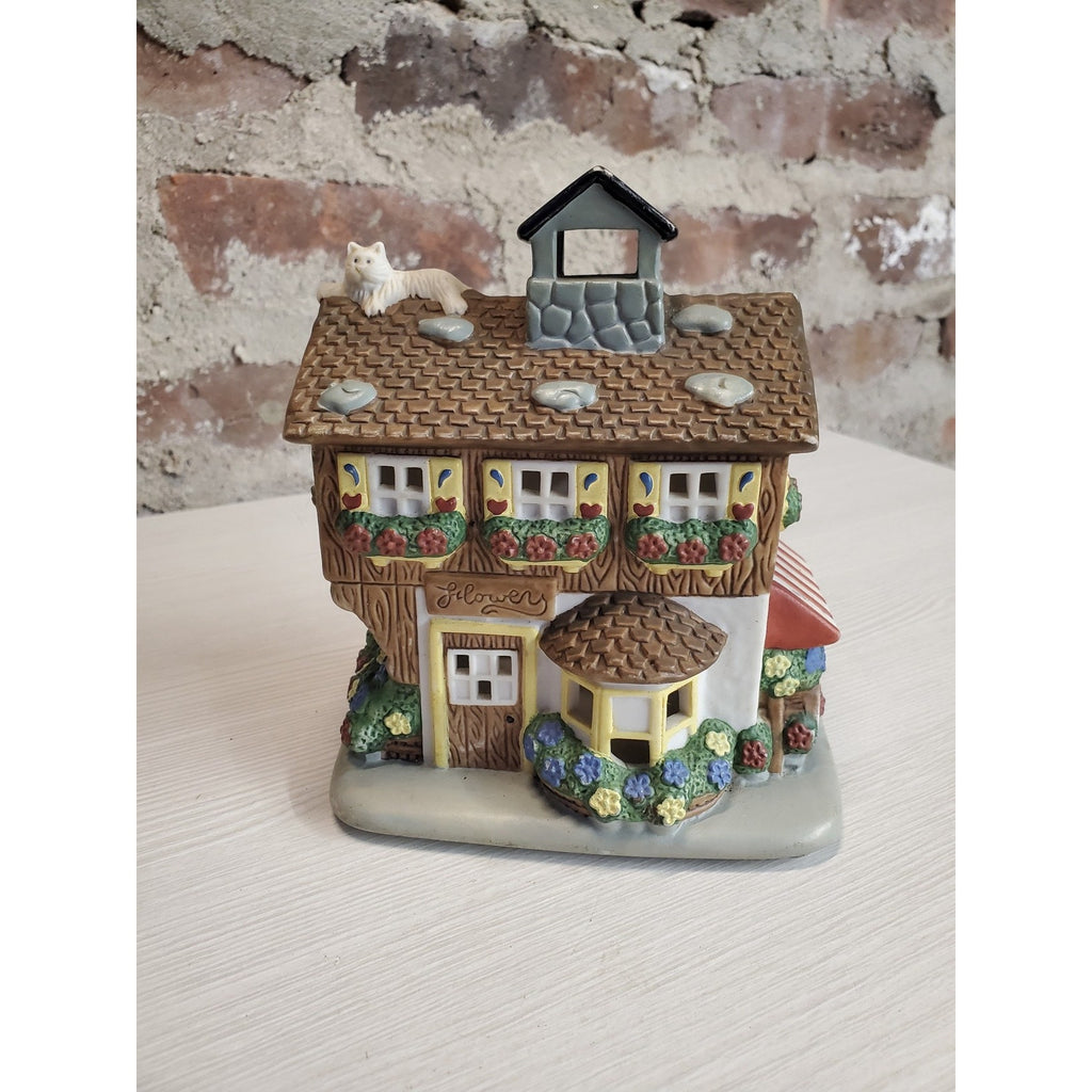 International Craft Flower Shop Village House Figurine Tea Light Candle Holder