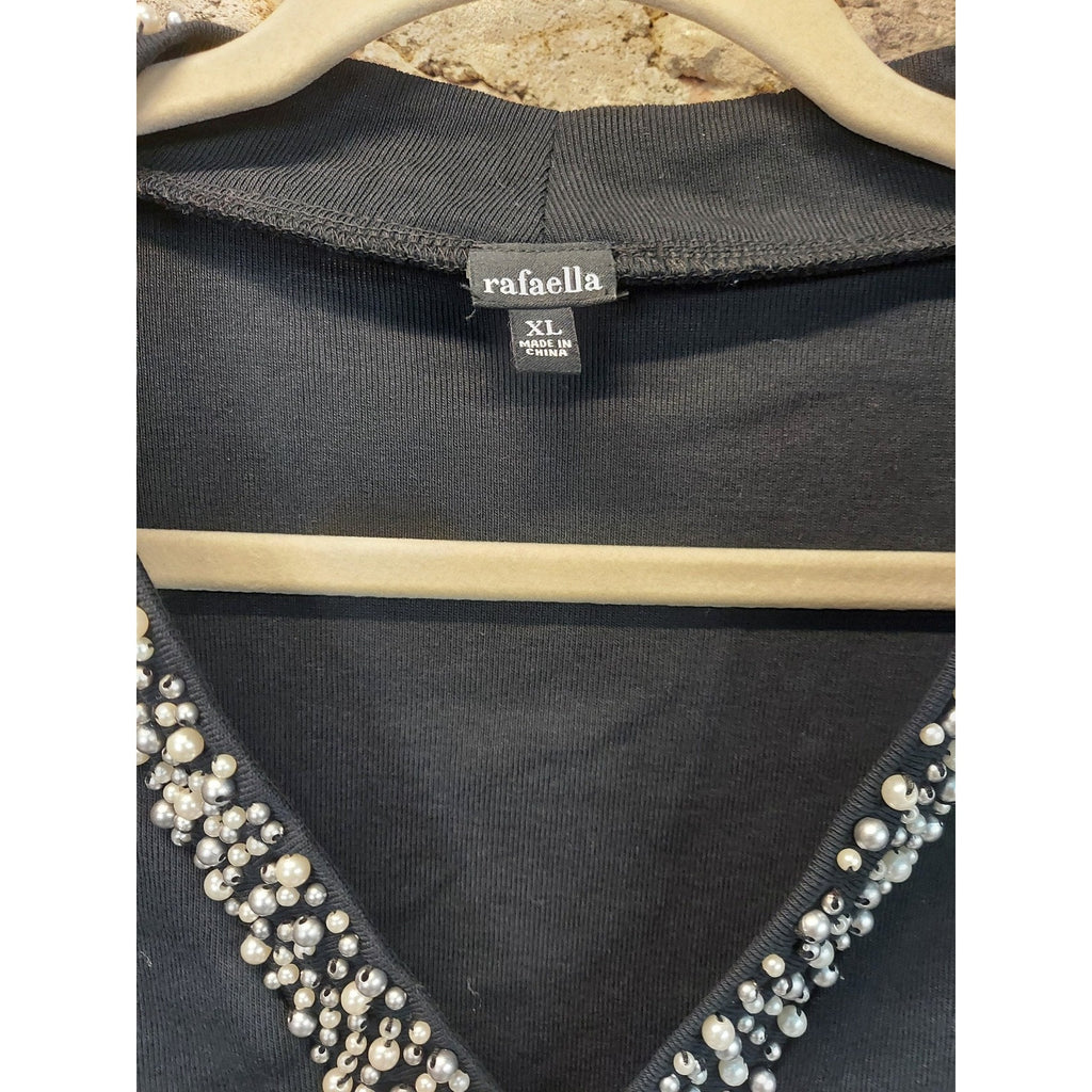 Rafaella Womens Tunic Top XL Black Pearl Embellished V Neck Long Sleeve