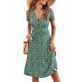 Womens Dress XL Green Floral V Neck Short Sleeve Midi A Line Wrap Pockets