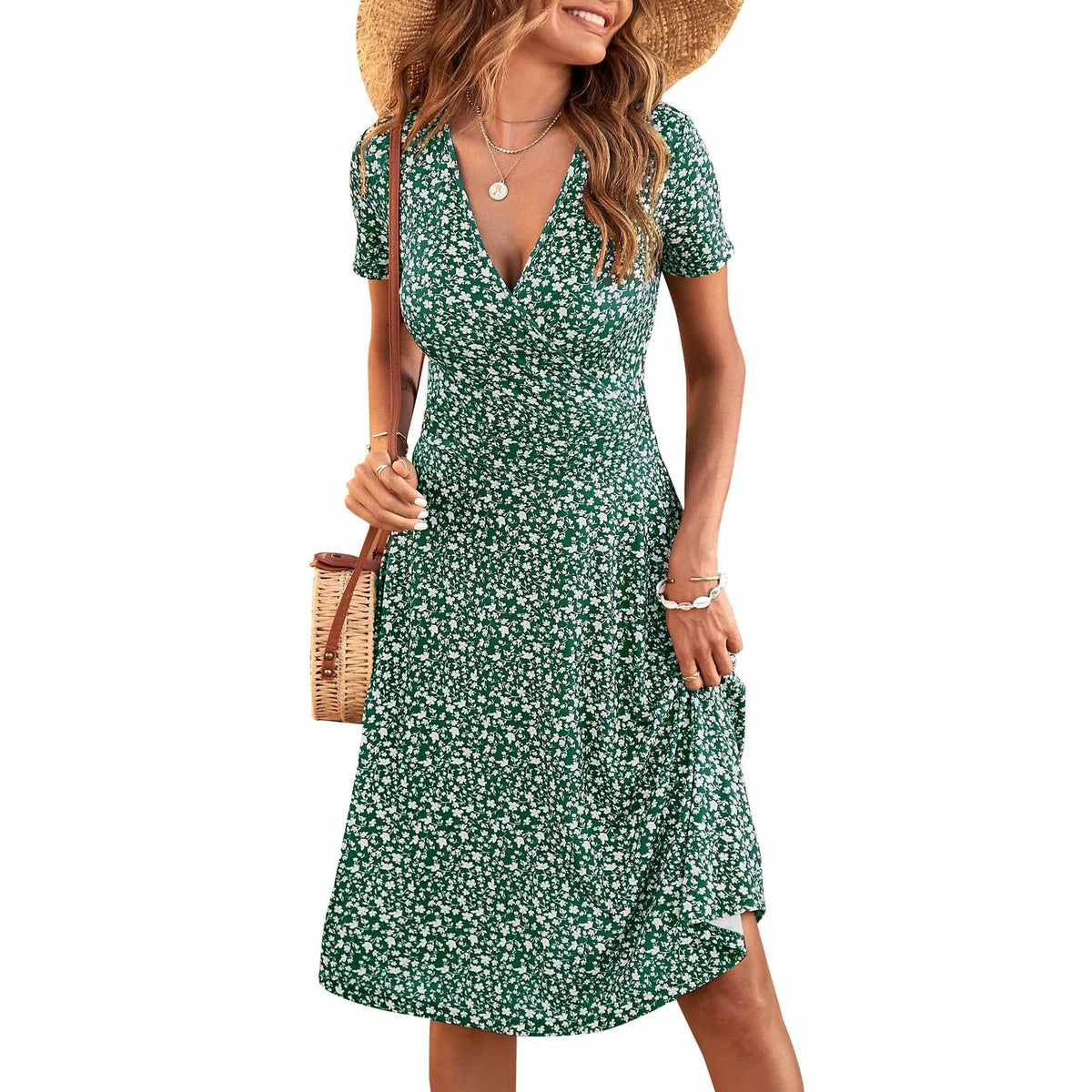 Womens Dress XL Green Floral V Neck Short Sleeve Midi A Line Wrap Pockets