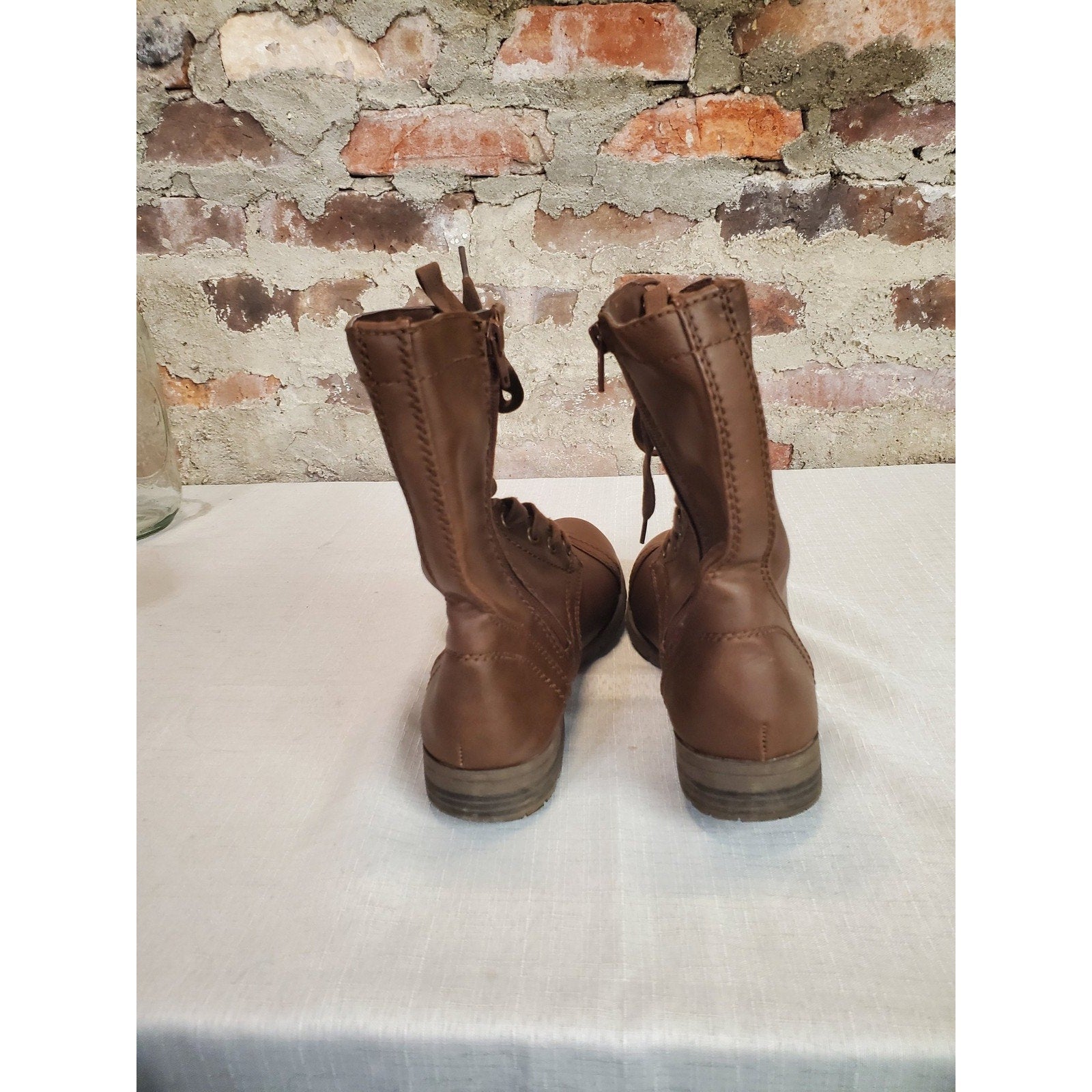 Time And Tru Womens Boots 8.5 Brown Lace Up Side Zip Cap Toe Combat Synthetic