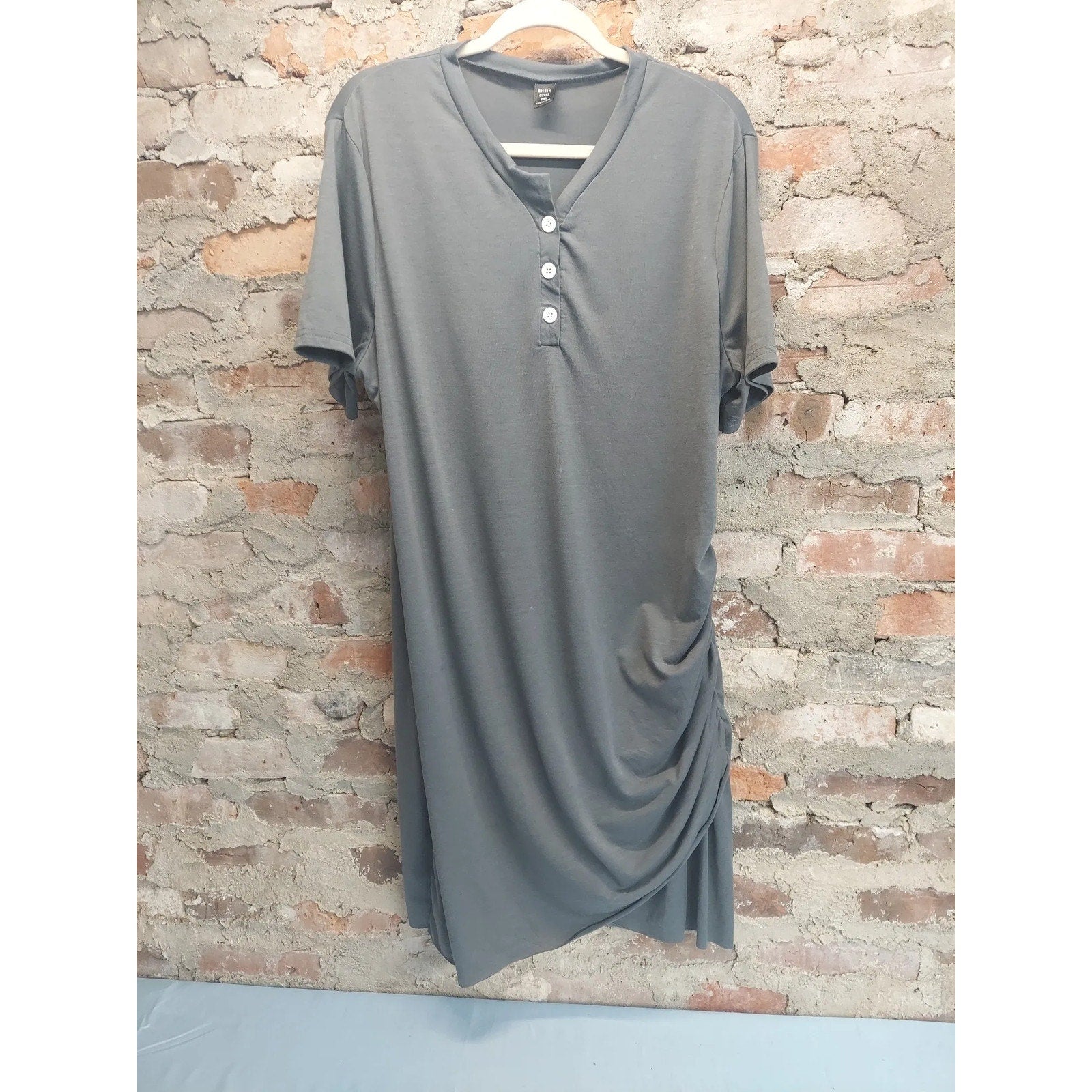 SHEIN Curve Womens T-Shirt Dress 2XL Gray Henley Ruched Asymmetrical Hem