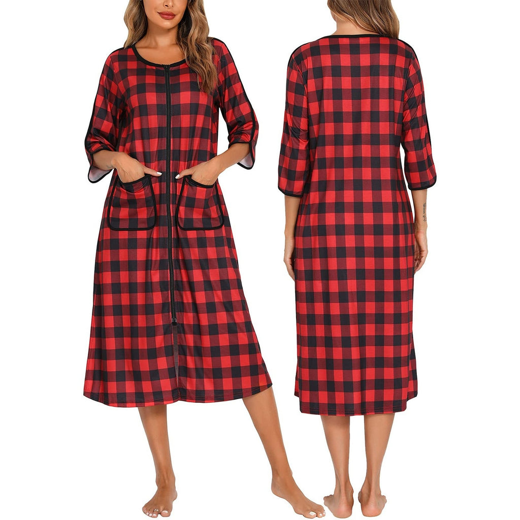 Womens House Dress Red Black Plaid Full Zip Robe Lounge Large XL 12 16