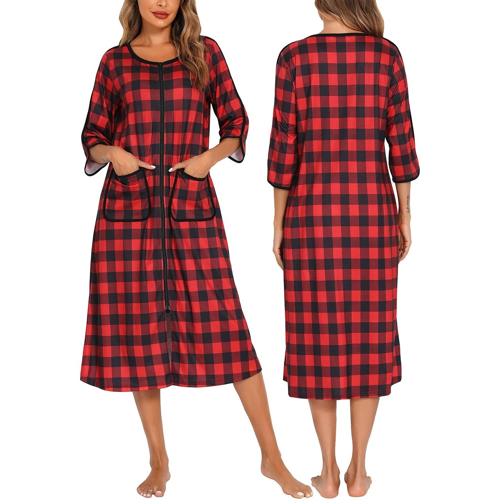 Womens House Dress Red Black Plaid Full Zip Robe Lounge Large XL 12 16