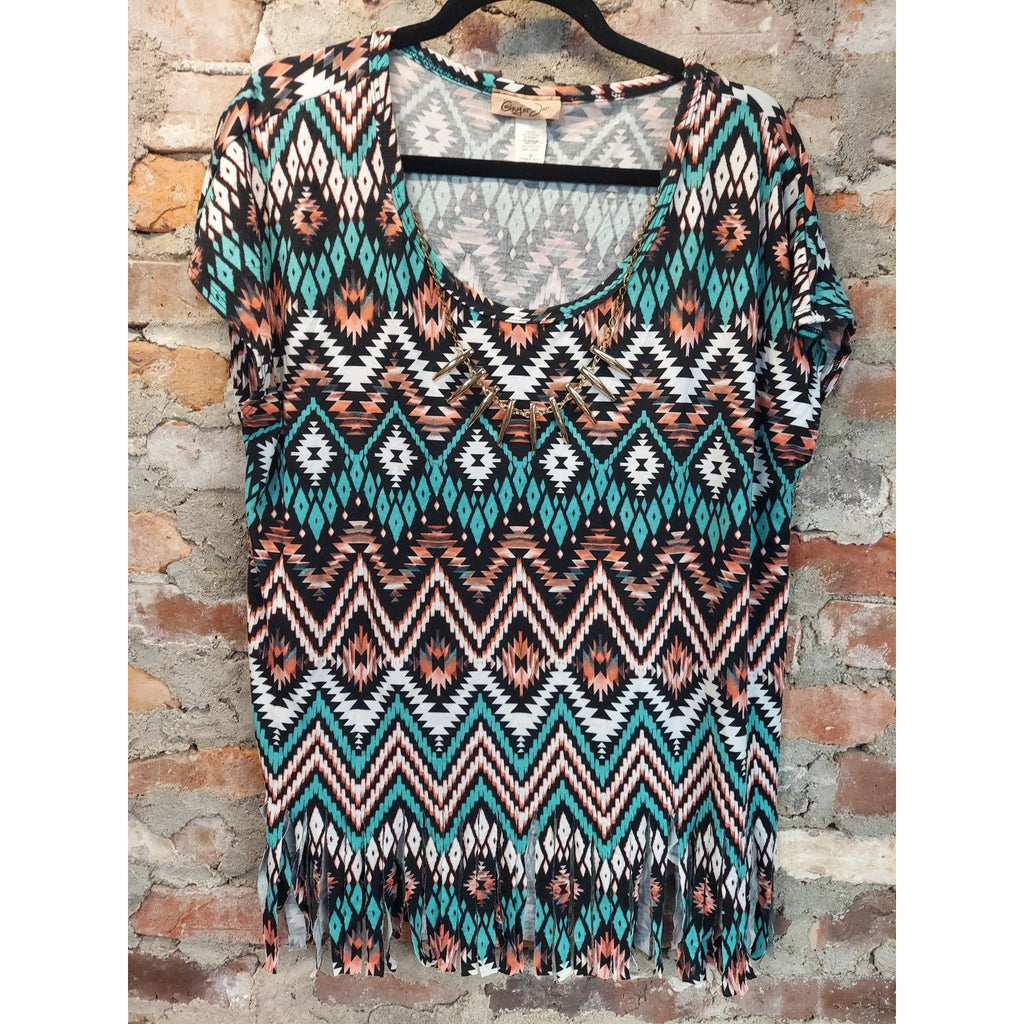 Ginger G Womens Plus 1X Fringe Tunic Top Multicolor Tribal Aztec V Neck Gold