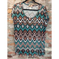Ginger G Womens Plus 1X Fringe Tunic Top Multicolor Tribal Aztec V Neck Gold