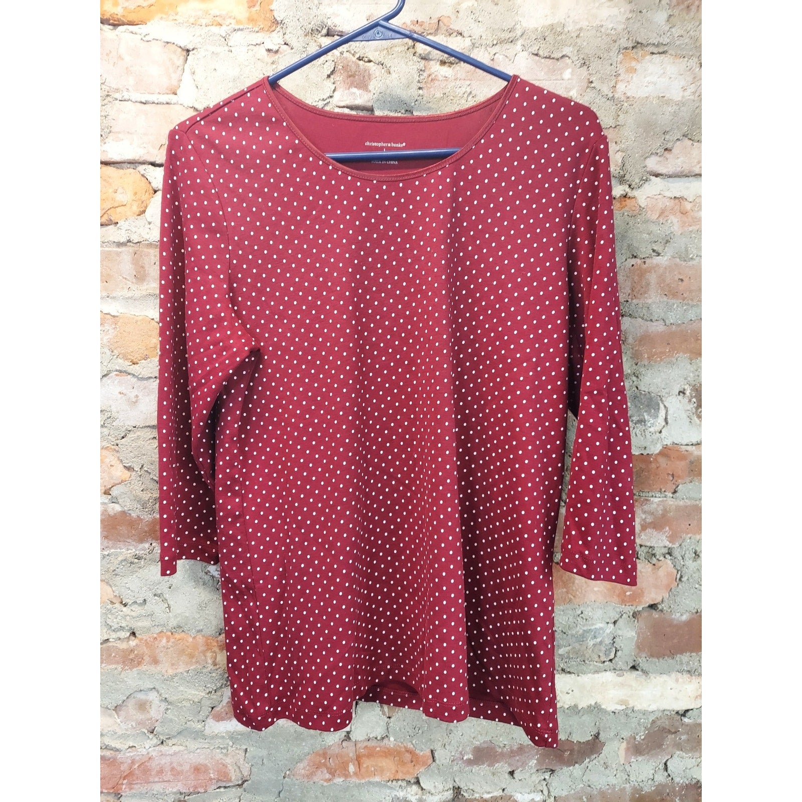 Christopher & Banks Womens Large L Maroon Polka Dot 3/4 Sleeve Cotton Top