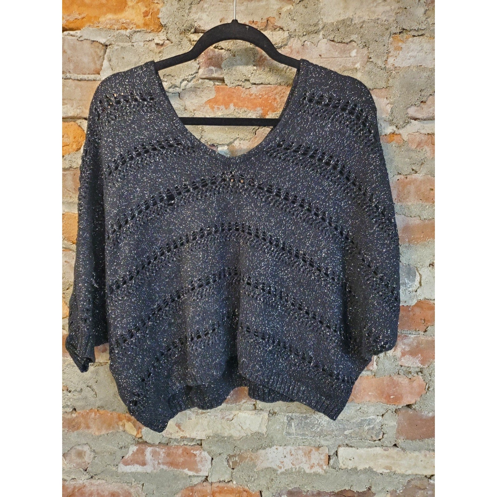 STORIA Womens L Navy Blue Metallic Open Knit Dolman V Neck Sweater Shimmer