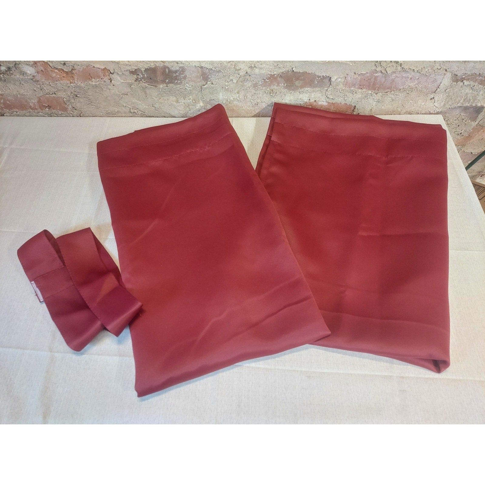 Maroon Curtains Drapes Window Panels Rod Pocket Tie Backs Set 2 Satin Finish