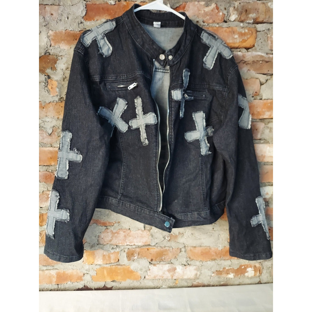 Womens Denim Jacket Skirt Set XXL Black Cross Patch Two Piece Moto Style