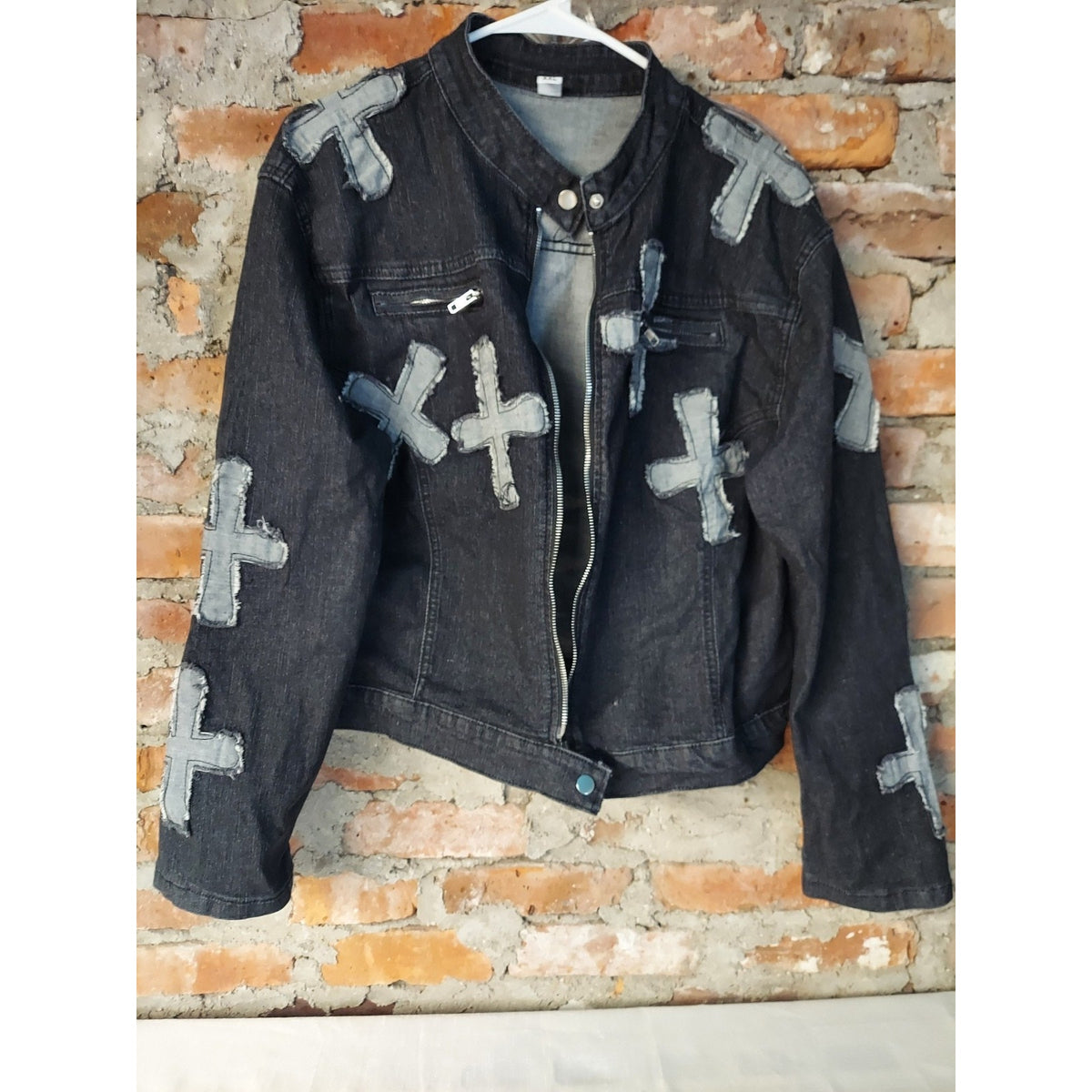 Womens Denim Jacket Skirt Set XXL Black Cross Patch Two Piece Moto Style