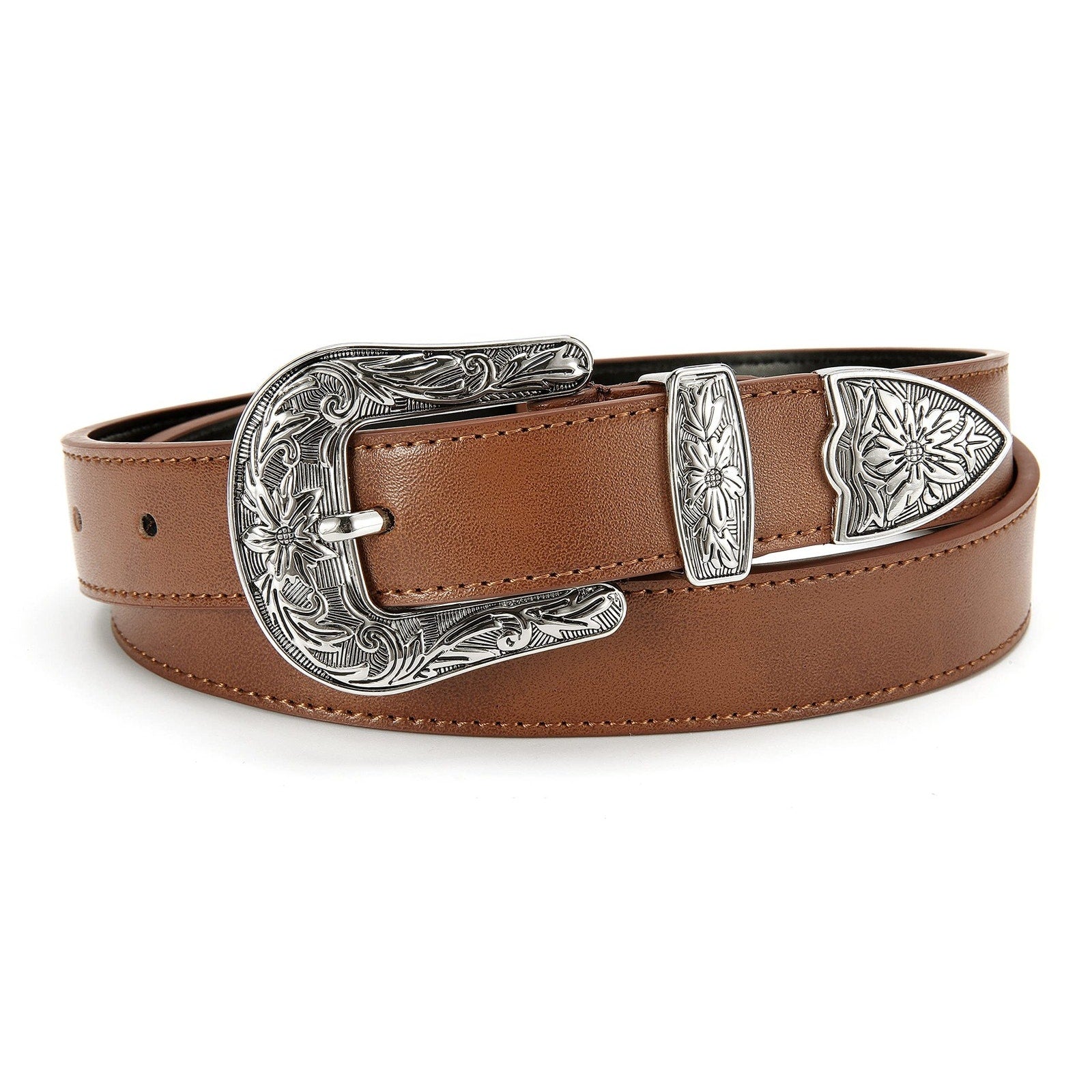 CHAOQREN Mens Leather Belt Brown Western Cowboy Engraved Buckle Silver Tone