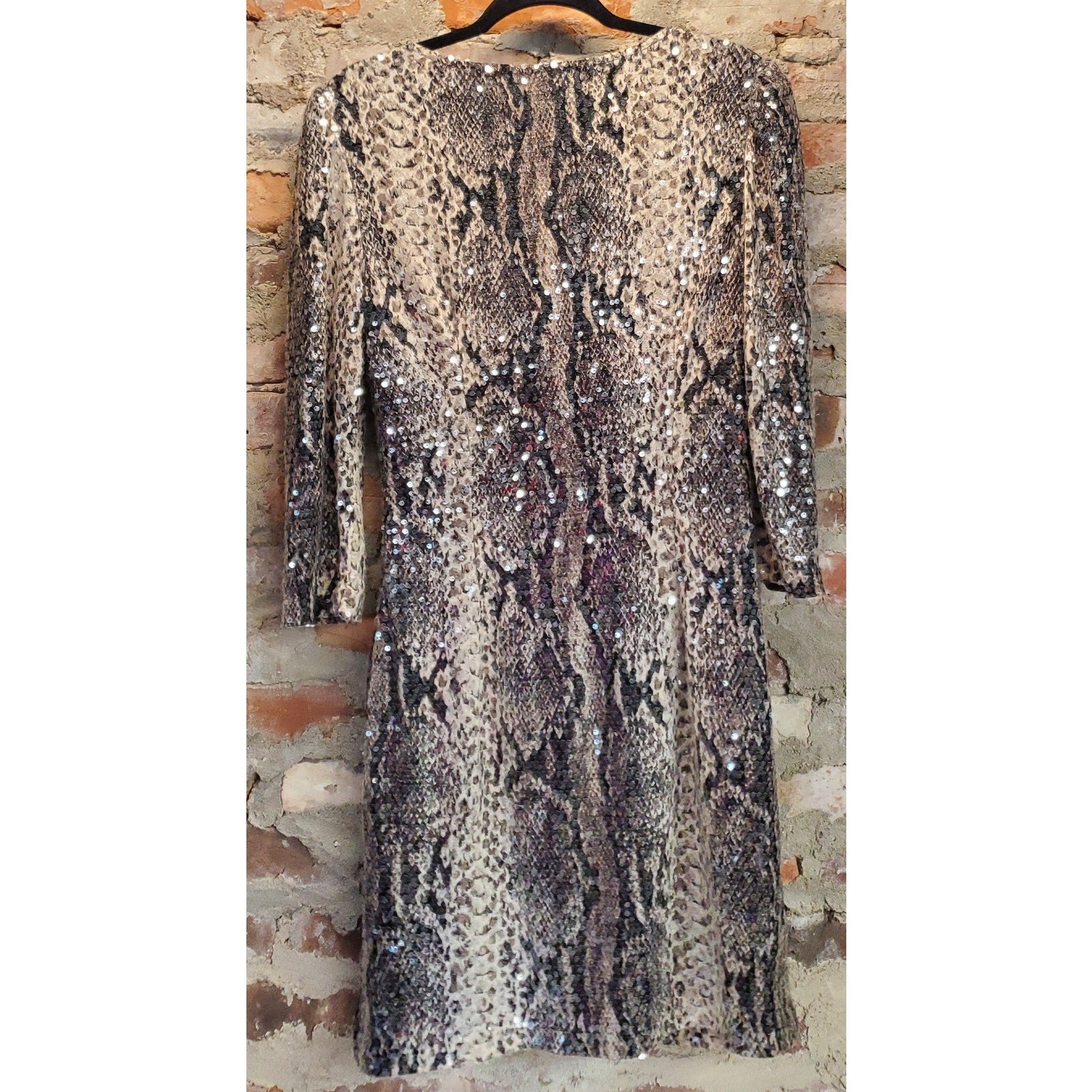 Alberto Makali Womens Dress Size 12 Snakeskin Sequin V Neck 3/4 Sleeve Party