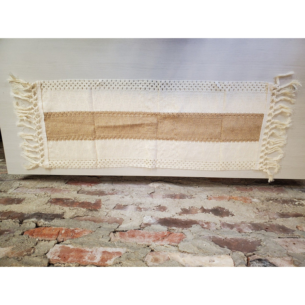Woven Boho Table Runner Cream Brown Tan Fringe Farmhouse Decor Mat