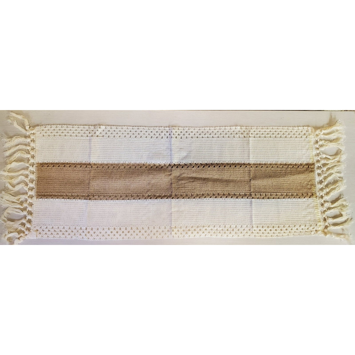 Woven Boho Table Runner Cream Brown Tan Fringe Farmhouse Decor Mat