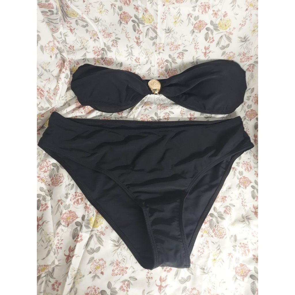 Womens L Maternity Bikini Swimsuit Two Piece Strapless Bandeau High Waist Black