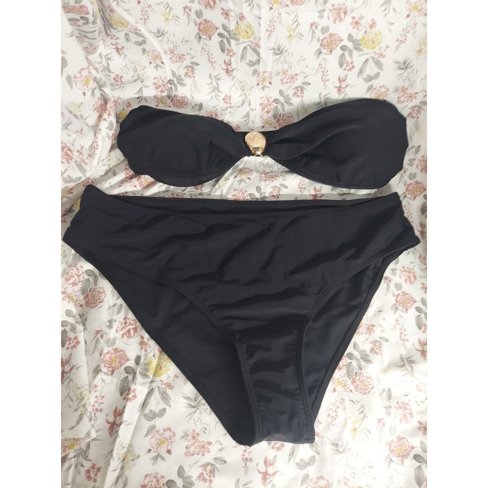 Womens L Maternity Bikini Swimsuit Two Piece Strapless Bandeau High Waist Black