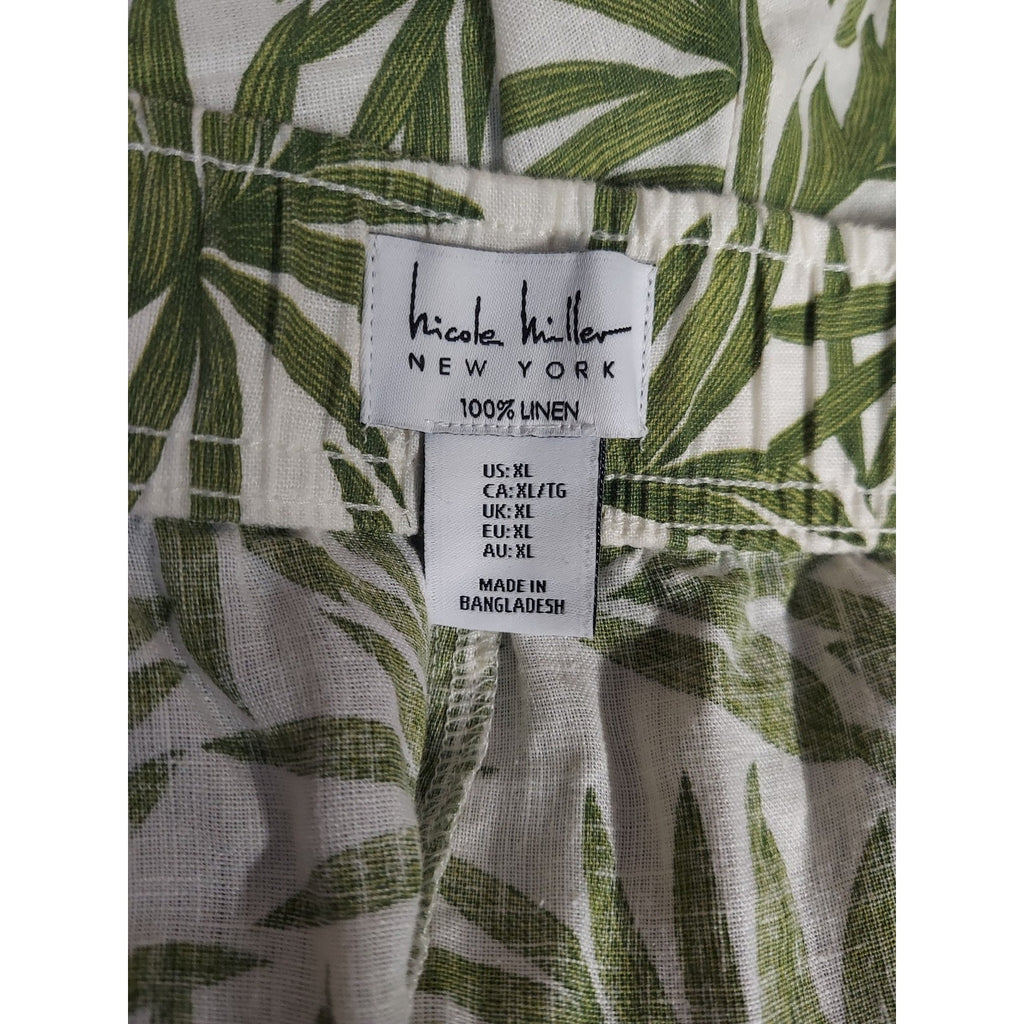 Nicole Miller New York Womens Wide Leg Linen Pants XL Green White Tropical Leaf