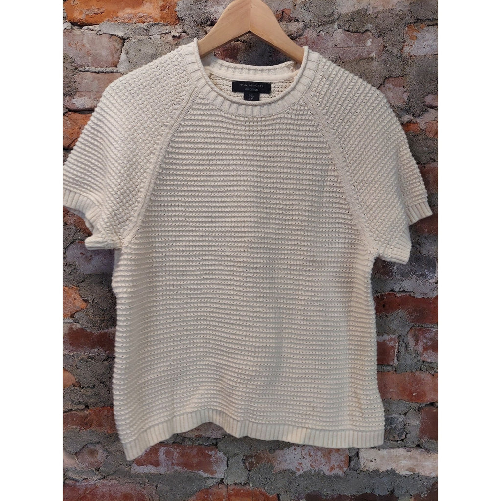 Tahari Womens Short Sleeve Sweater Knit Top Size M Ivory 100% Cotton