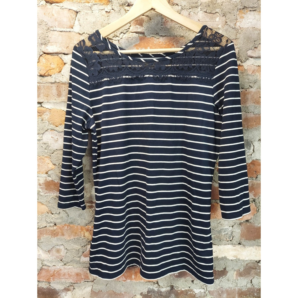 Metaphor Womens 3/4 Sleeve Shirt Top L Navy Blue White Striped Lace Detail