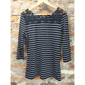 Metaphor Womens 3/4 Sleeve Shirt Top L Navy Blue White Striped Lace Detail