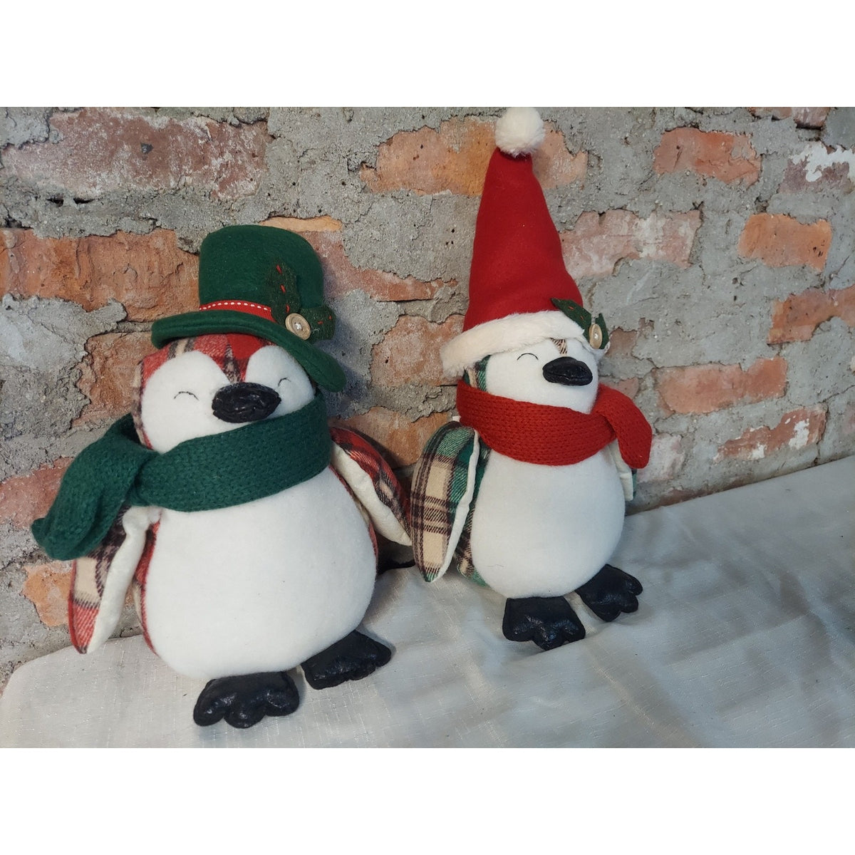 Christmas Penguin Holiday Decor Set 2 Plush Stuffed Animal Farmhouse Red Green