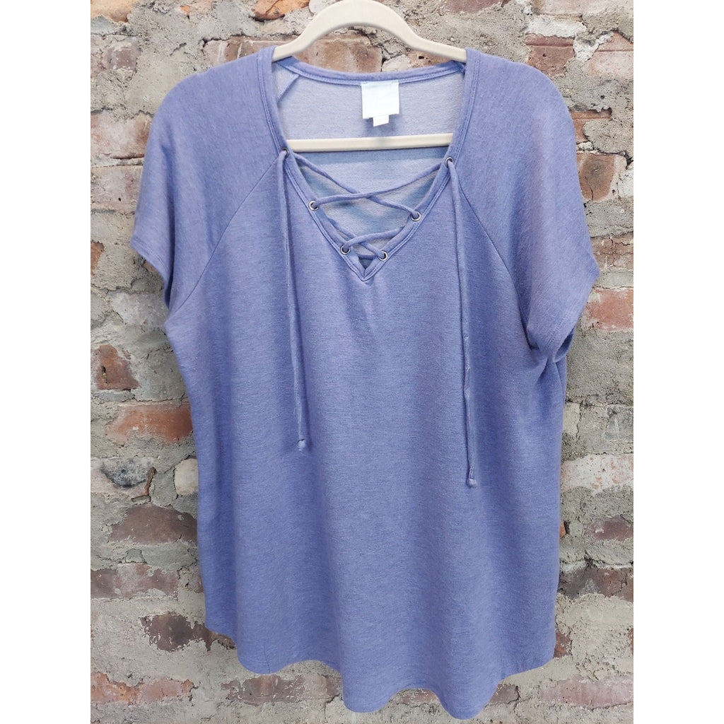 Sunday Womens Lace Up Top T Shirt Size 1X Blue Purple Heathered Short Sleeve