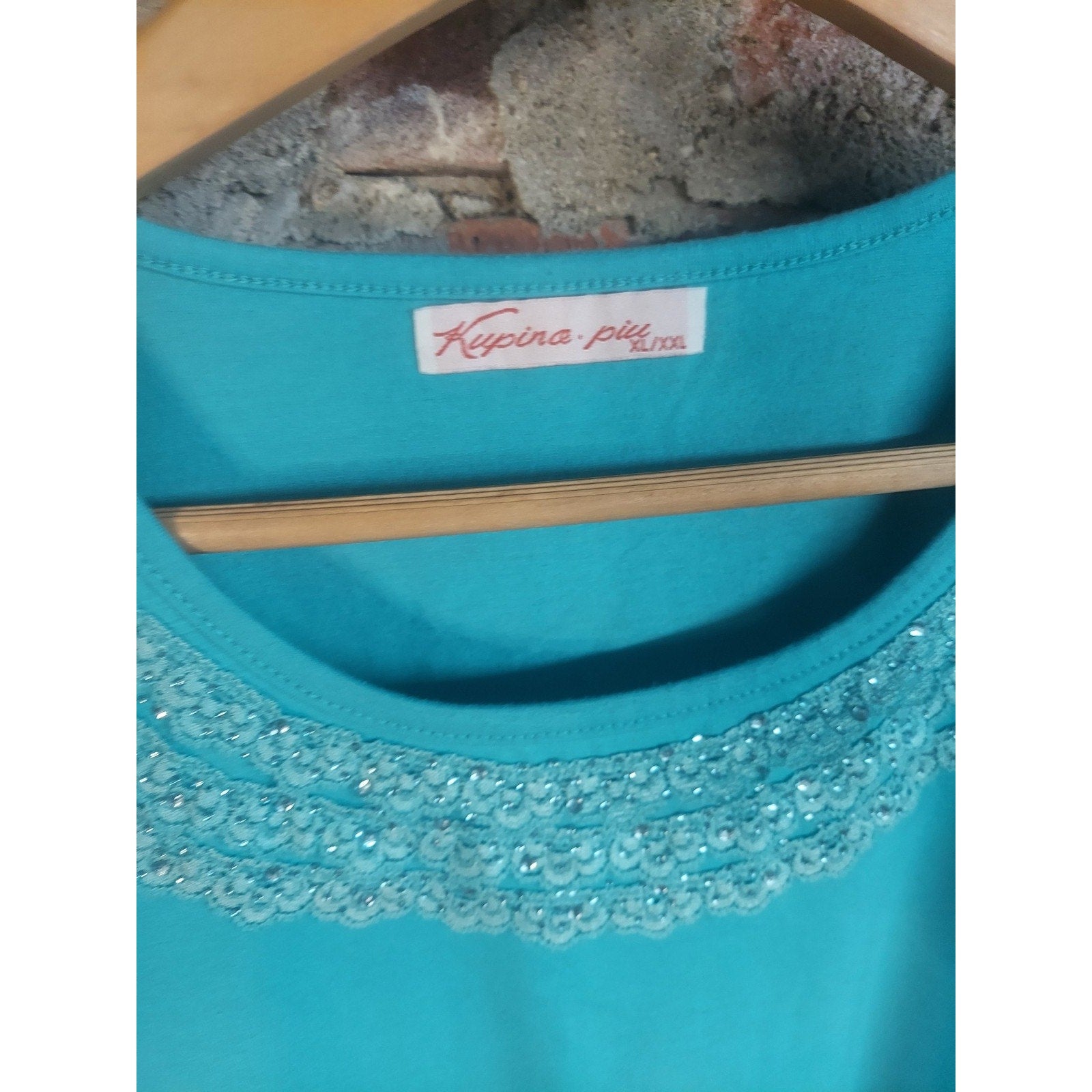 Kupina-pitt Womens T Shirt XL XXL Teal Lace Rhinestone Neck Short Sleeve