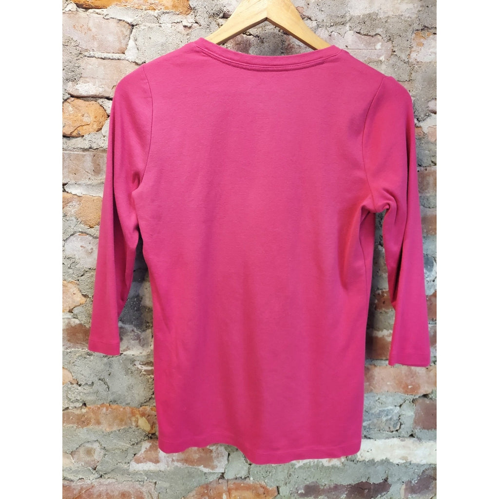 St Johns Bay Womens Essential Tee XS Fuchsia V Neck 3/4 Sleeve Cotton Solid
