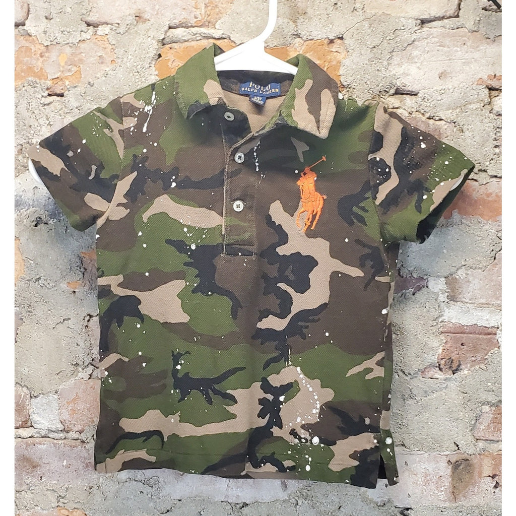 Polo Ralph Lauren Boys Polo Shirt 3/3T Camouflage Paint Splatter Orange Pony