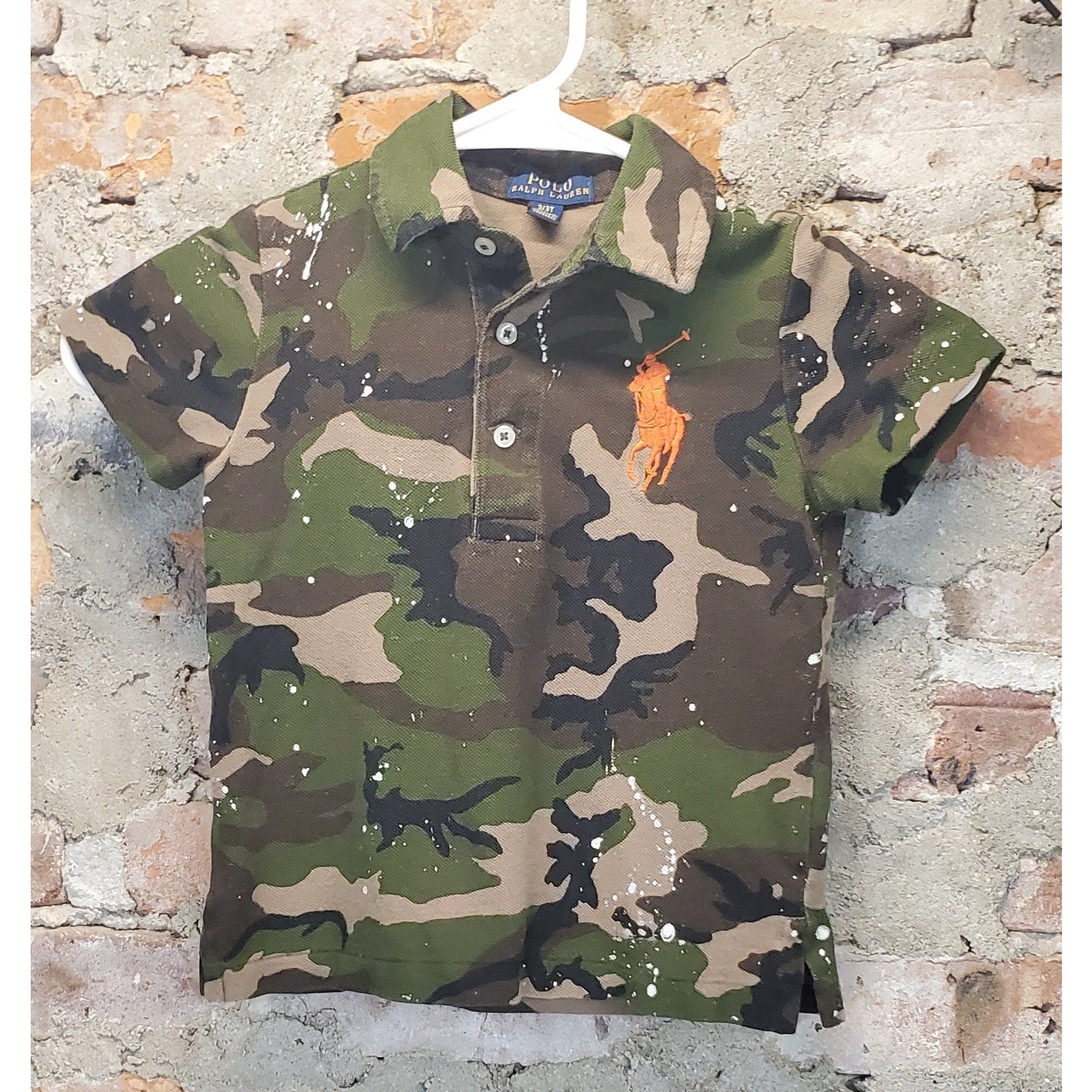 Polo Ralph Lauren Boys Polo Shirt 3/3T Camouflage Paint Splatter Orange Pony