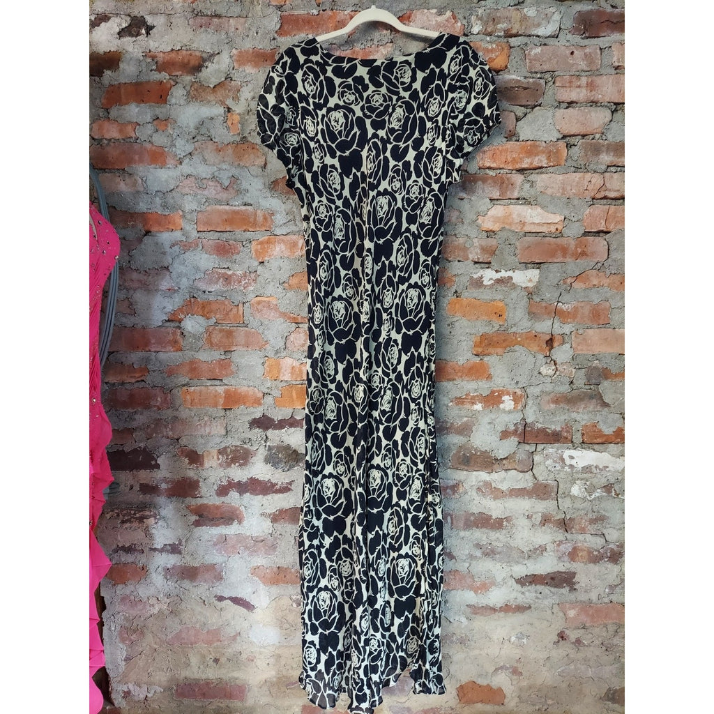 Womens Black White Floral Maxi Dress Short Sleeve V Neck Empire Waist