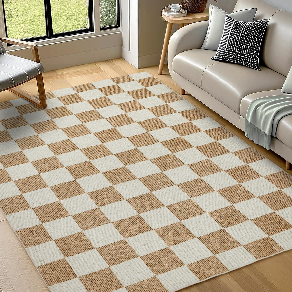 Washable Area Rug 2x3' Checkerboard Tan White Vintage Indoor Kids Playroom Floor