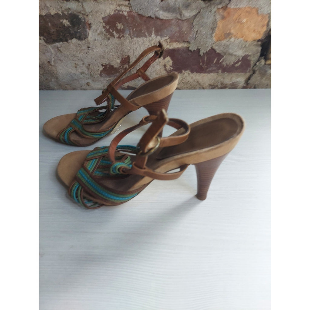 Bandolino Womens Strappy High Heel Sandals 7M Tan Teal Green Multicolor 3 Inch