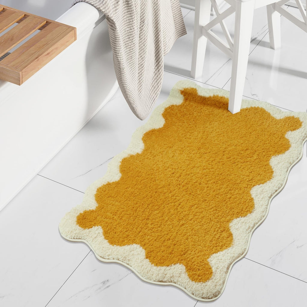 Bath Mat Yellow White Irregular Wavy Soft Shaggy Non Slip Absorbent Rug 18x26