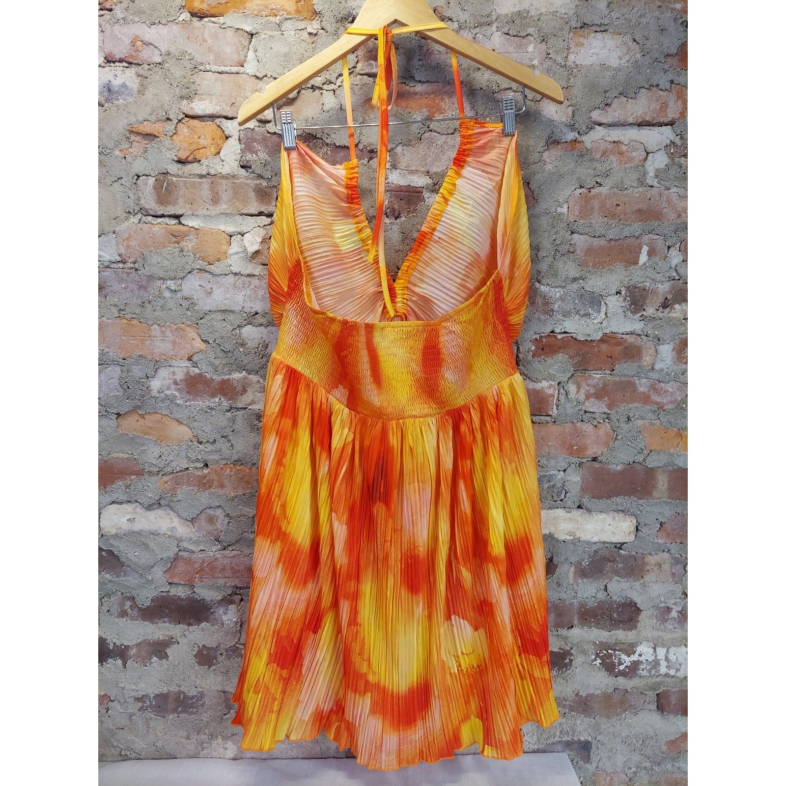 Rusttydustty Womens Halter Mini Dress 3XL Orange Yellow Deep V Neck Smocked