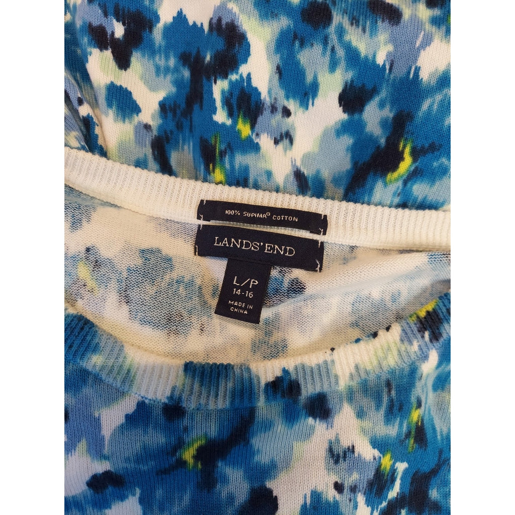 Lands End Womens Short Sleeve Sweater L P 14 16 Blue White Yellow Floral Supima